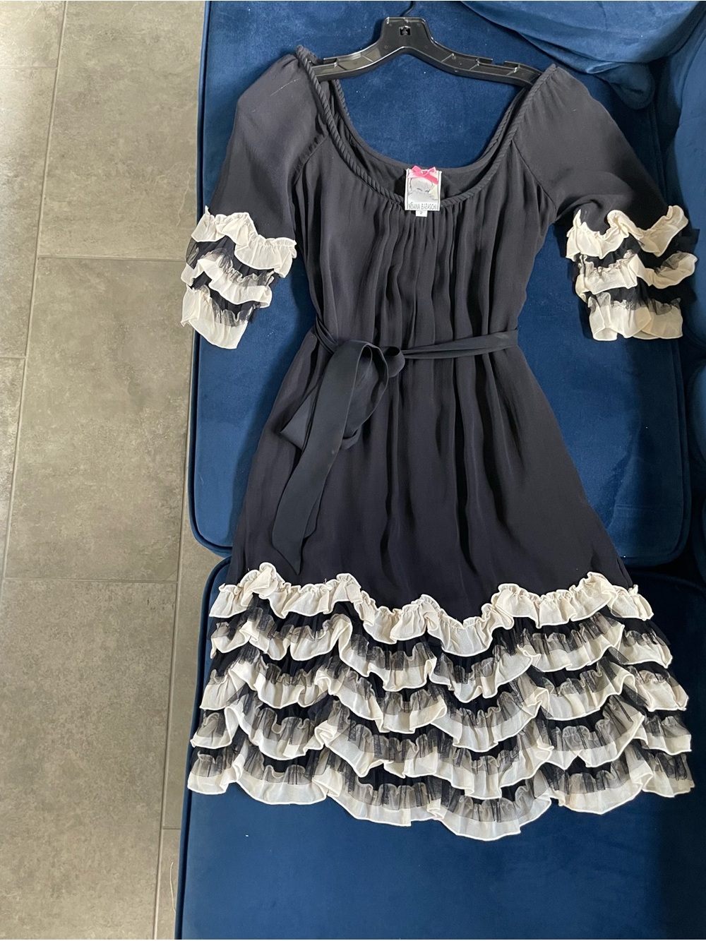 Yoana Baraschi black, and tan  Dress with  Ruffle Trim